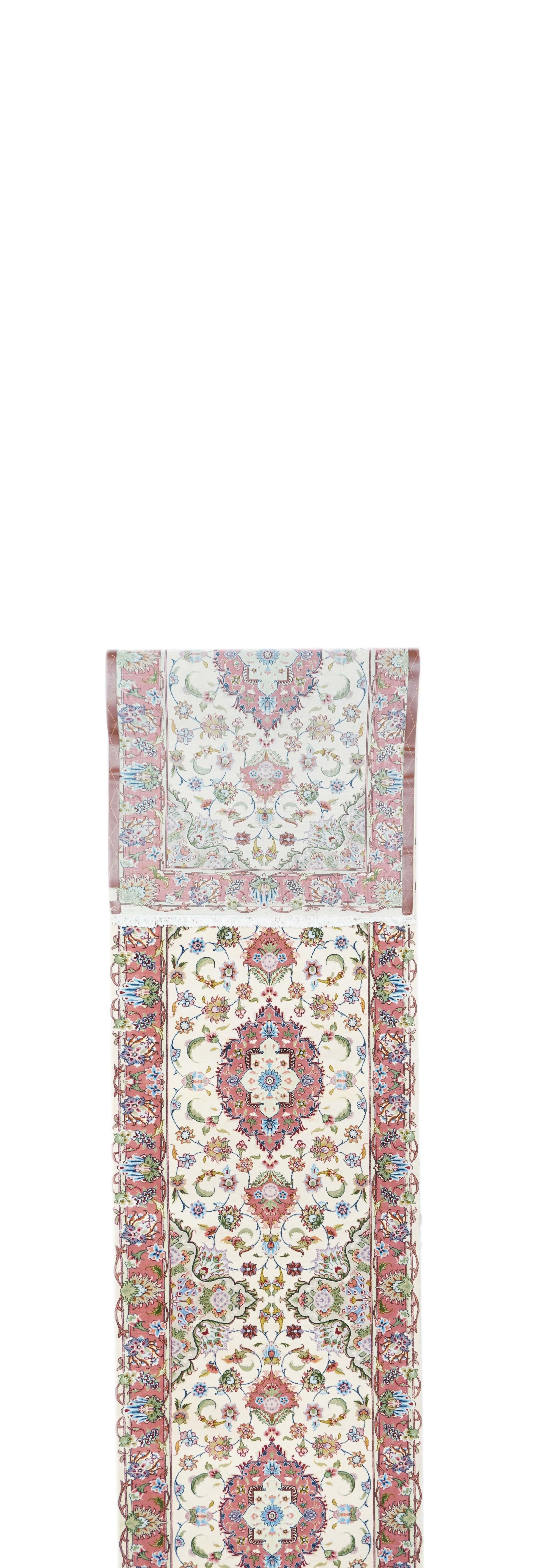 Vintage Tabriz runner 2'9'' x 12'9''. This extremely fine, modern Kenare (runner) shows a cream field in three connected reserves with ragged lappet rose medallions with floating pendants. Straw half medallion side fillers. Expansive rose border