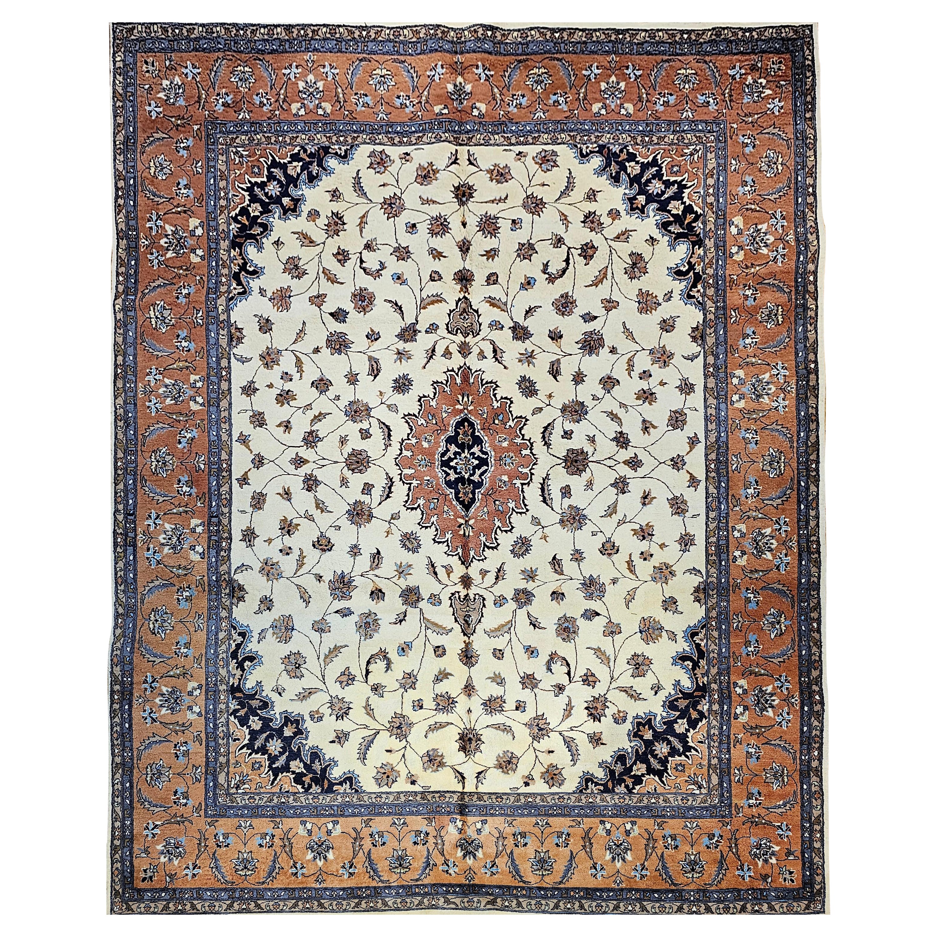 Tappeto vintage in stile Tabriz con motivi floreali in avorio, terracotta, marina, marrone