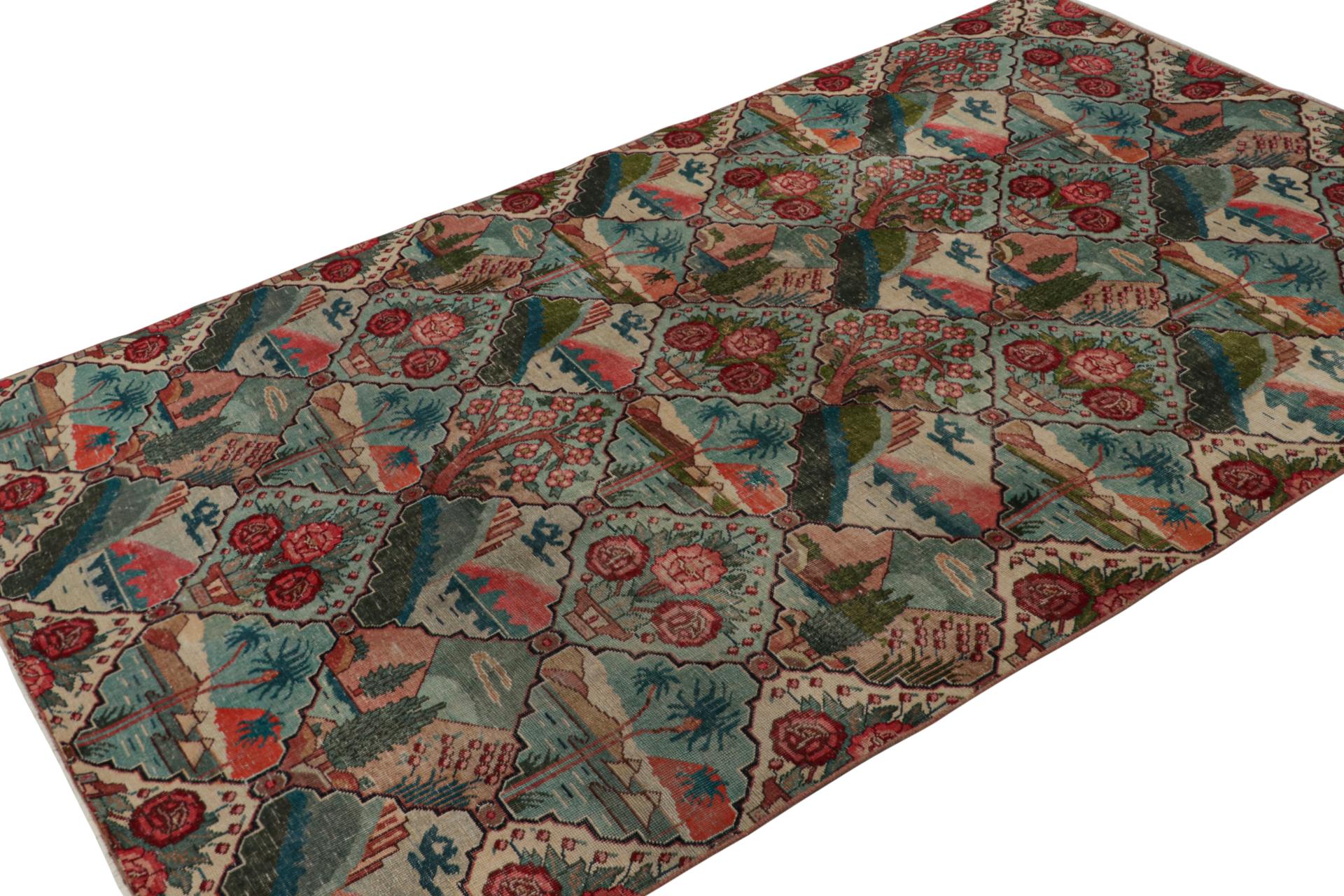 Hand-knotted in luxurious wool, this 6x9 vintage Tabriz style rug with a quilt-like range of design scenes, seems to be a mid-century Turkish take on Persian pictorials of the past. 

On the Design: 

Keen eyes for detail will admire the patterns on
