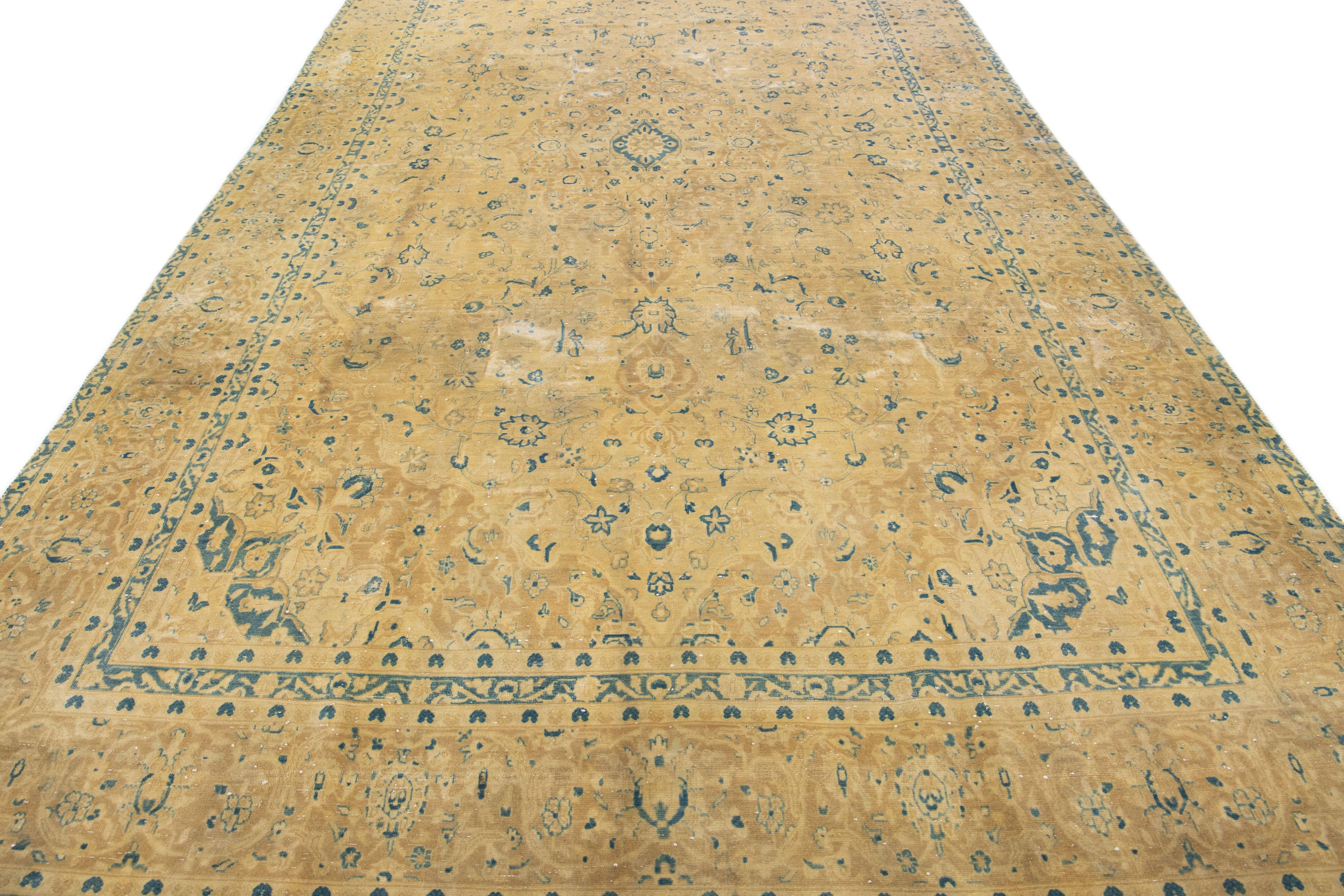 Hand-Knotted Vintage Tabriz Tan Handmade Allover Motif Persian Wool Rug For Sale