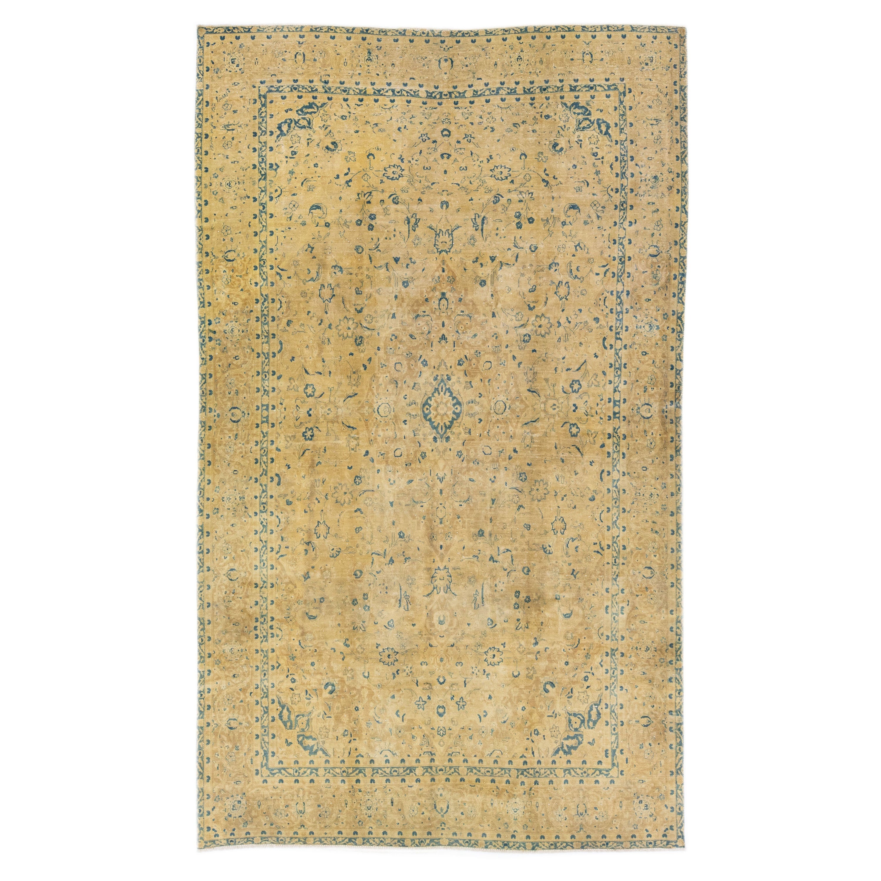 Tappeto vintage in lana persiana Tabriz Tan fatto a mano con motivi a trifoglio