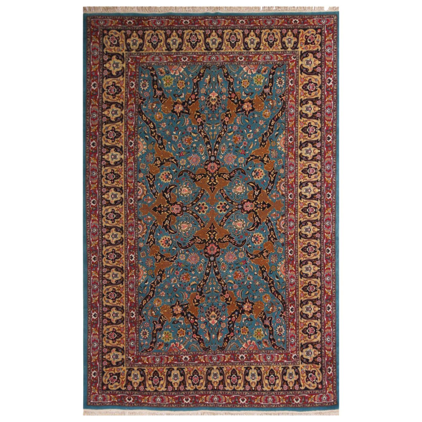 Tapis persan traditionnel Tabriz vintage en laine bleue à motifs floraux par Rug & Kilim