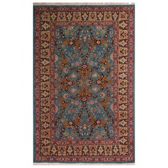 Vintage Tabriz Traditional Blue and Red Wool Persian Rug Floral Pattern