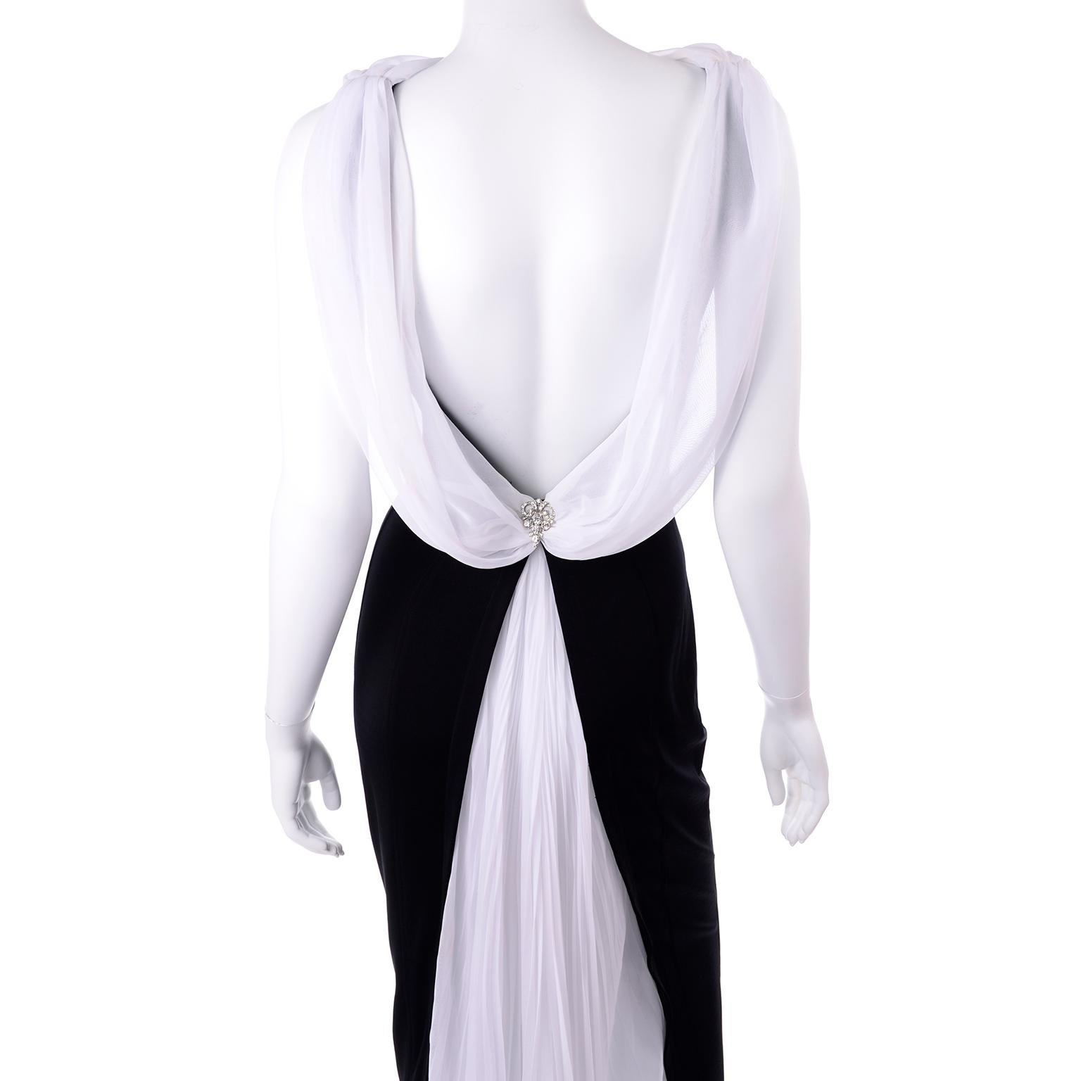 Vintage Tadashi Black Evening Gown Dress W/ Open Low Back And White Drape Train 5