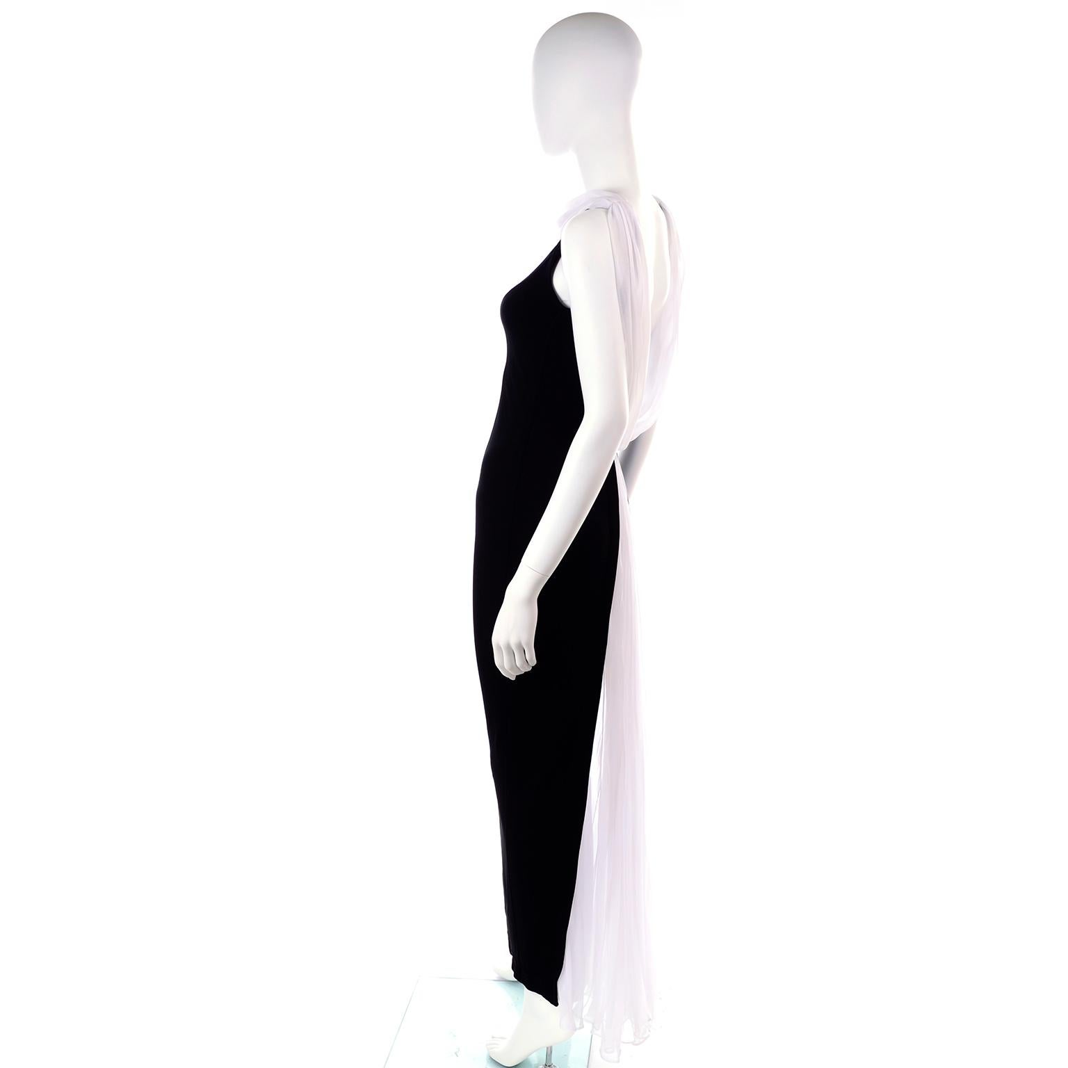 Women's Vintage Tadashi Black Evening Gown Dress W/ Open Low Back And White Drape Train