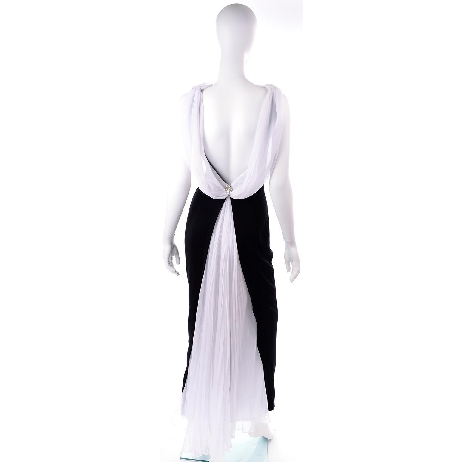Vintage Tadashi Black Evening Gown Dress W/ Open Low Back And White Drape Train 1