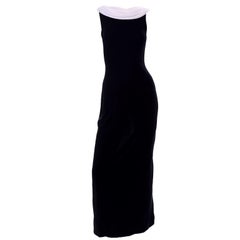 Vintage Tadashi Black Evening Gown Dress W/ Open Low Back And White Drape Train