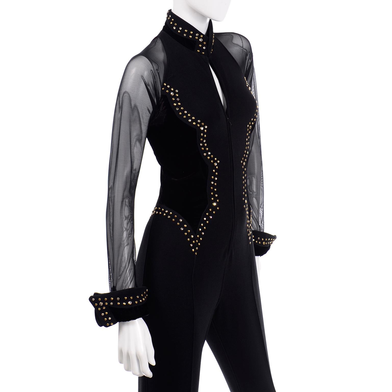 Vintage Tadashi Bodycon Black Velvet & Lycra Jumpsuit W Gold Studs & Rhinestones For Sale 3