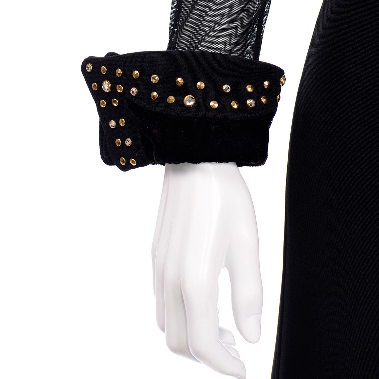 Vintage Tadashi Bodycon Black Velvet & Lycra Jumpsuit W Gold Studs & Rhinestones For Sale 4