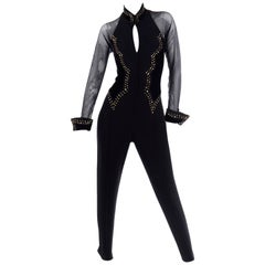 Vintage Tadashi Bodycon Black Velvet & Lycra Jumpsuit W Gold Studs & Rhinestones