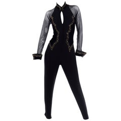 Retro Tadashi Bodycon Black Velvet & Lycra Jumpsuit W Gold Studs & Rhinestones