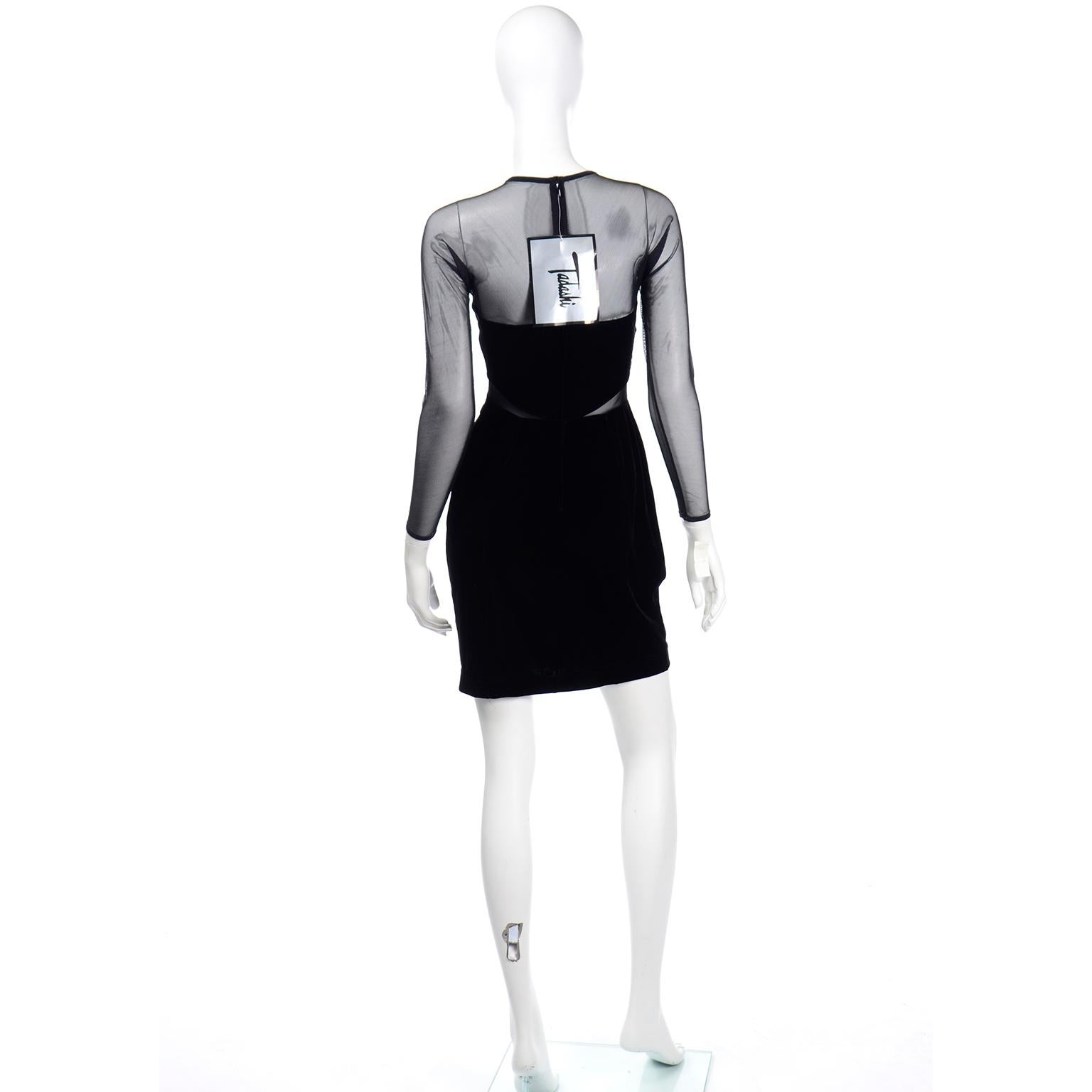 Women's Vintage Tadashi Deadstock Black Velvet & Sheer Mesh Bodycon Evening Dress