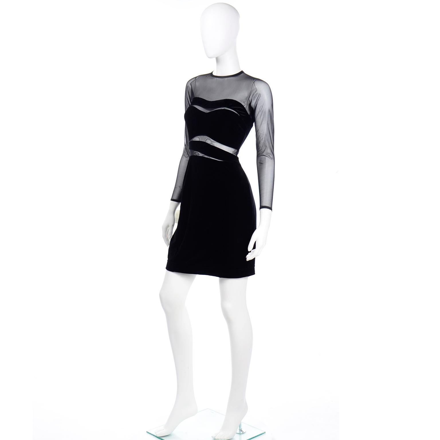 Vintage Tadashi Deadstock Black Velvet & Sheer Mesh Bodycon Evening Dress 1