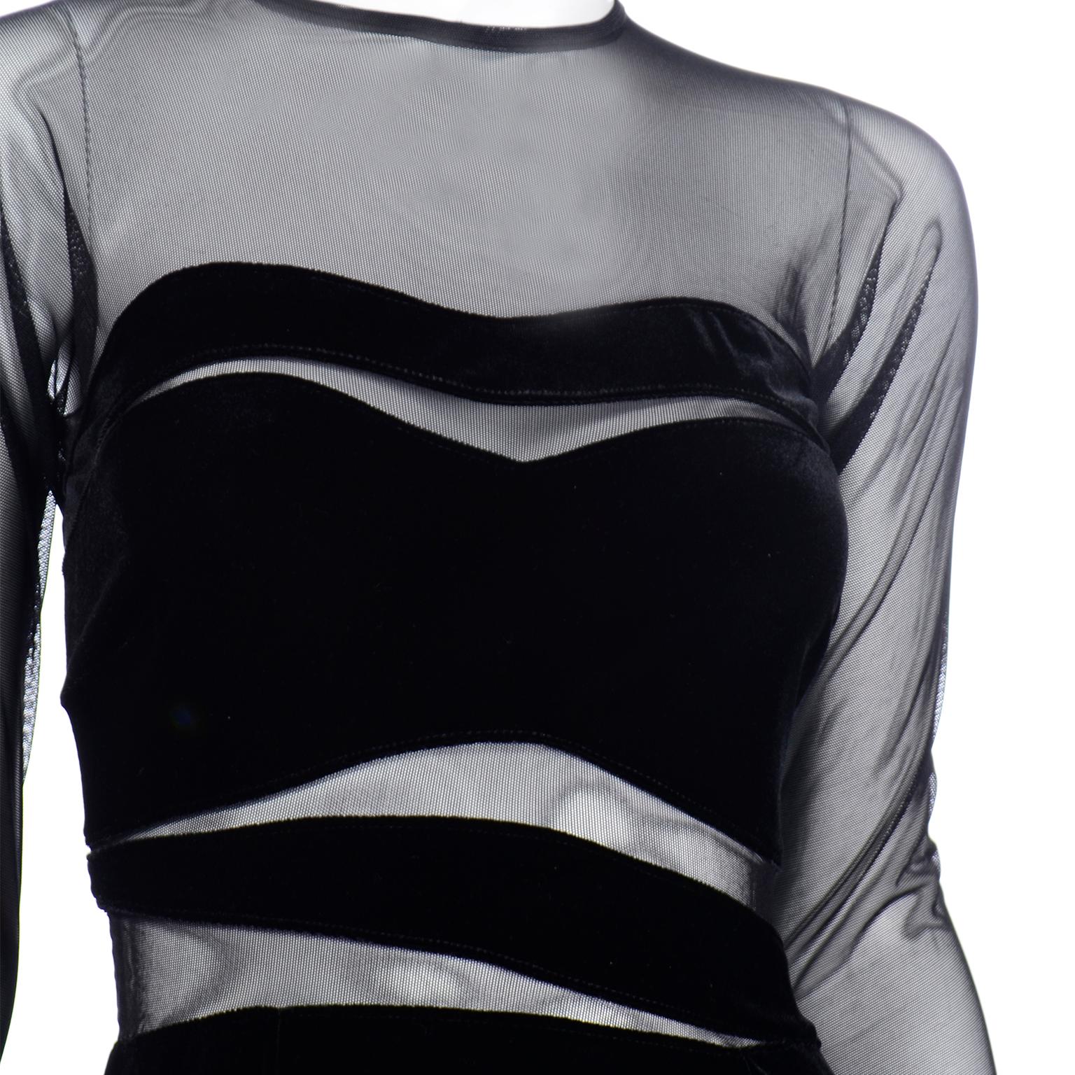 Vintage Tadashi Deadstock Black Velvet & Sheer Mesh Bodycon Evening Dress 2