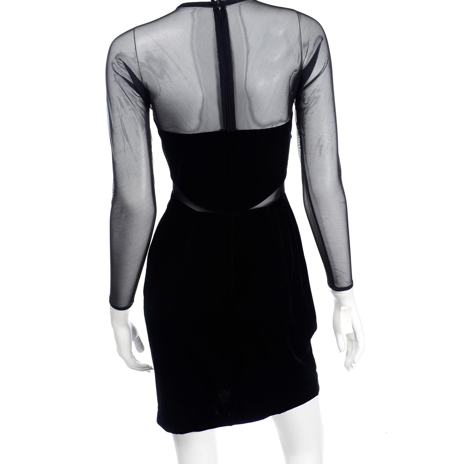 Vintage Tadashi Deadstock Black Velvet & Sheer Mesh Bodycon Evening Dress 3