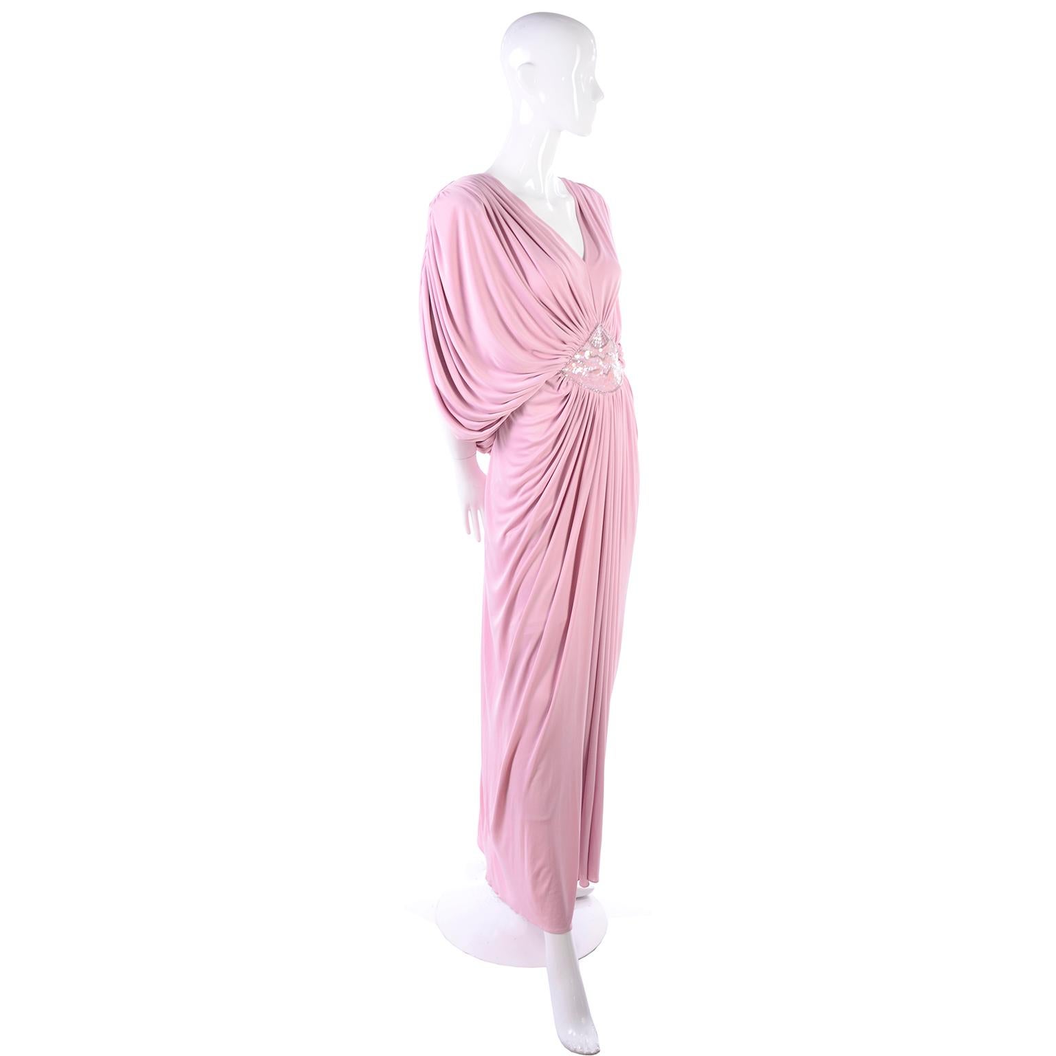 Vintage Tadashi Dress 1980s Pink Jersey Evening Gown W/ Beads Sequins & Draping 3