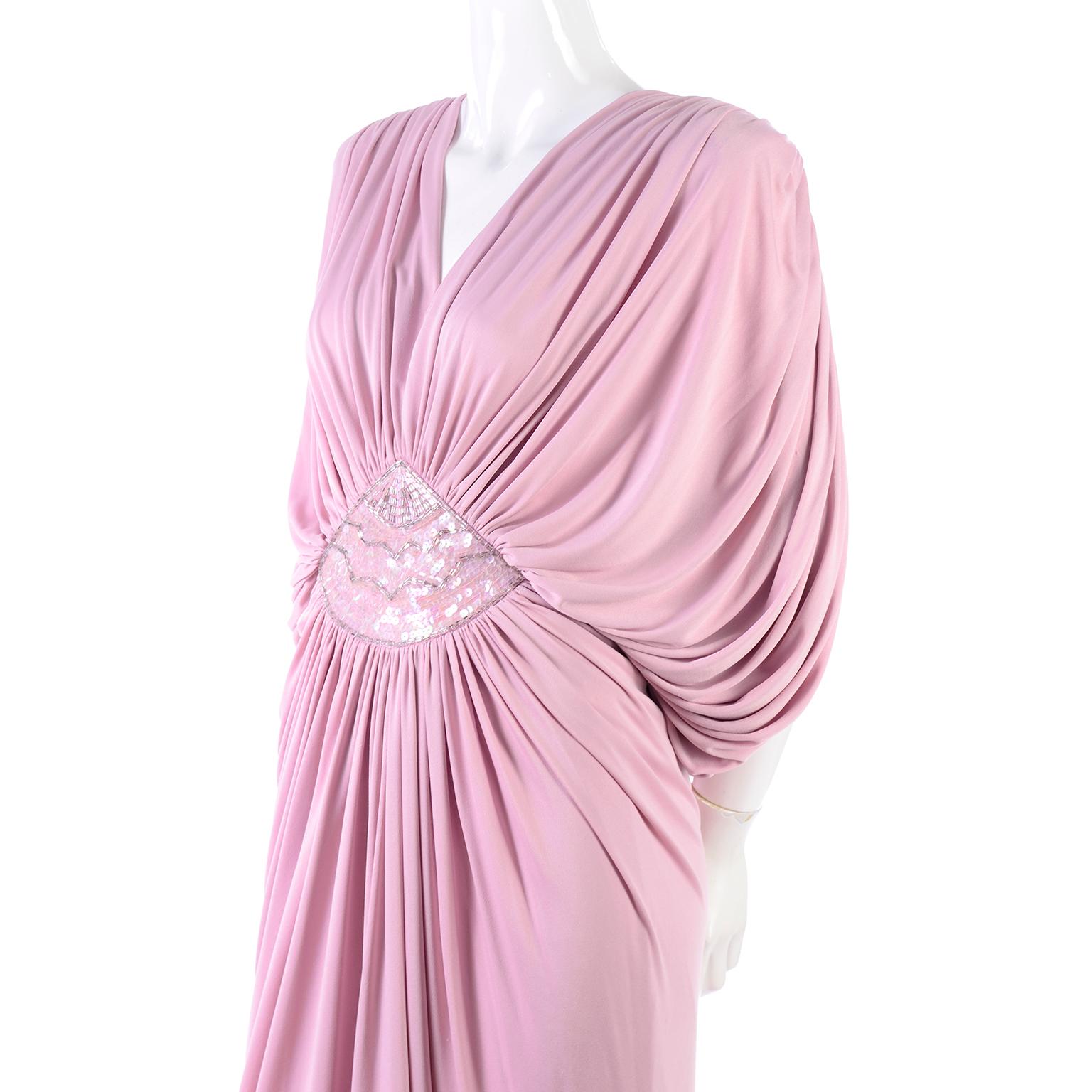 Vintage Tadashi Dress 1980s Pink Jersey Evening Gown W/ Beads Sequins & Draping 4