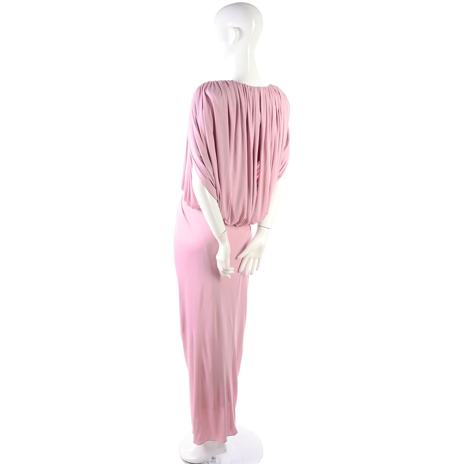 Women's Vintage Tadashi Dress 1980s Pink Jersey Evening Gown W/ Beads Sequins & Draping