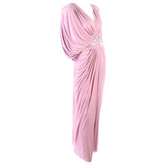 Vintage Tadashi Dress 1980s Pink Jersey Evening Gown W/ Beads Sequins & Draping