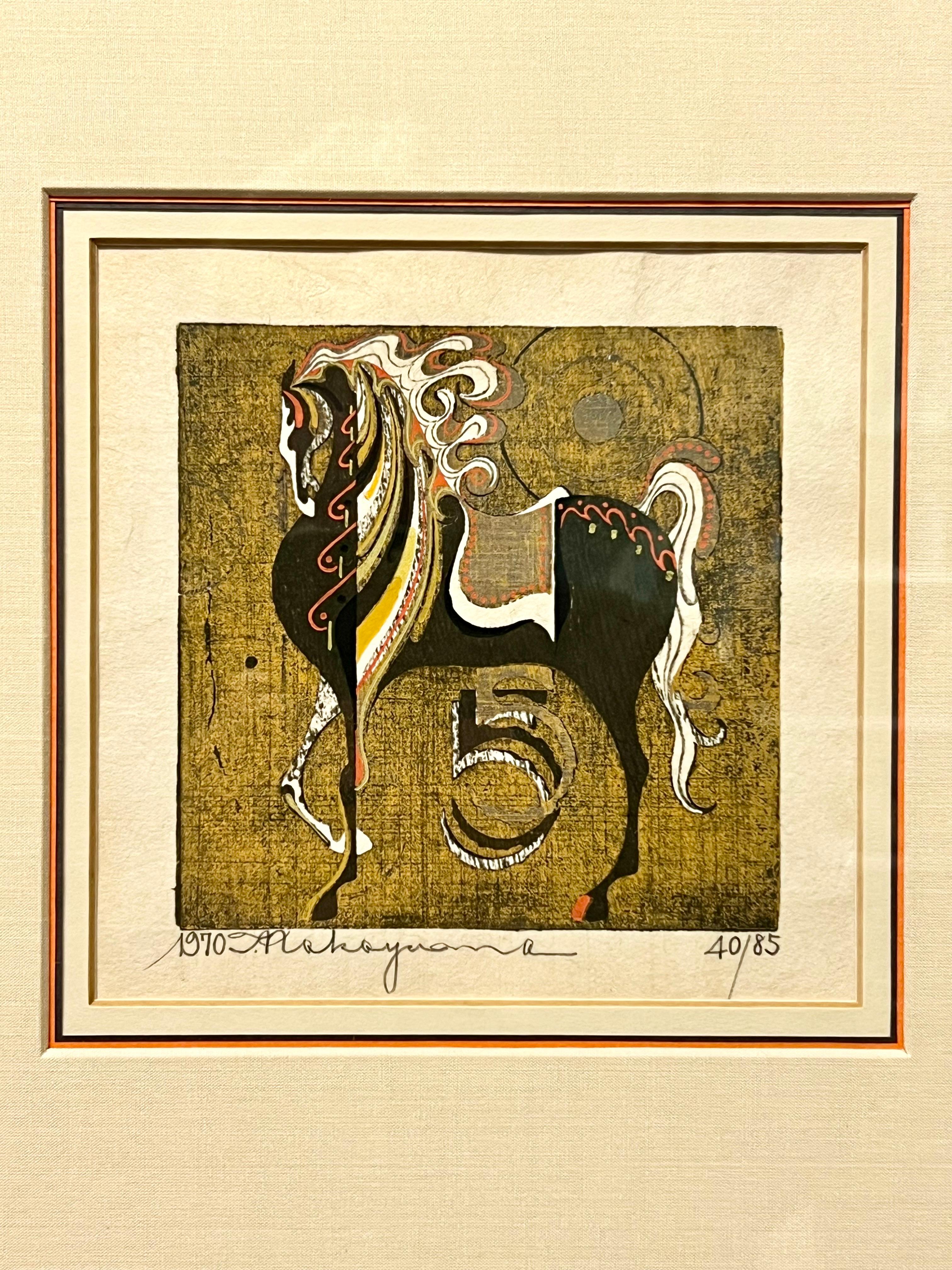 Fantastic woodblock by well listed Japanese artist, Tadashi Nakayama Titled “Horse in Gala Dress” c1970 in original period frame.

Tadashi Nakayama was born in Niigata. In 1945, he enrolled at Tama College of Art to study oil painting however, he