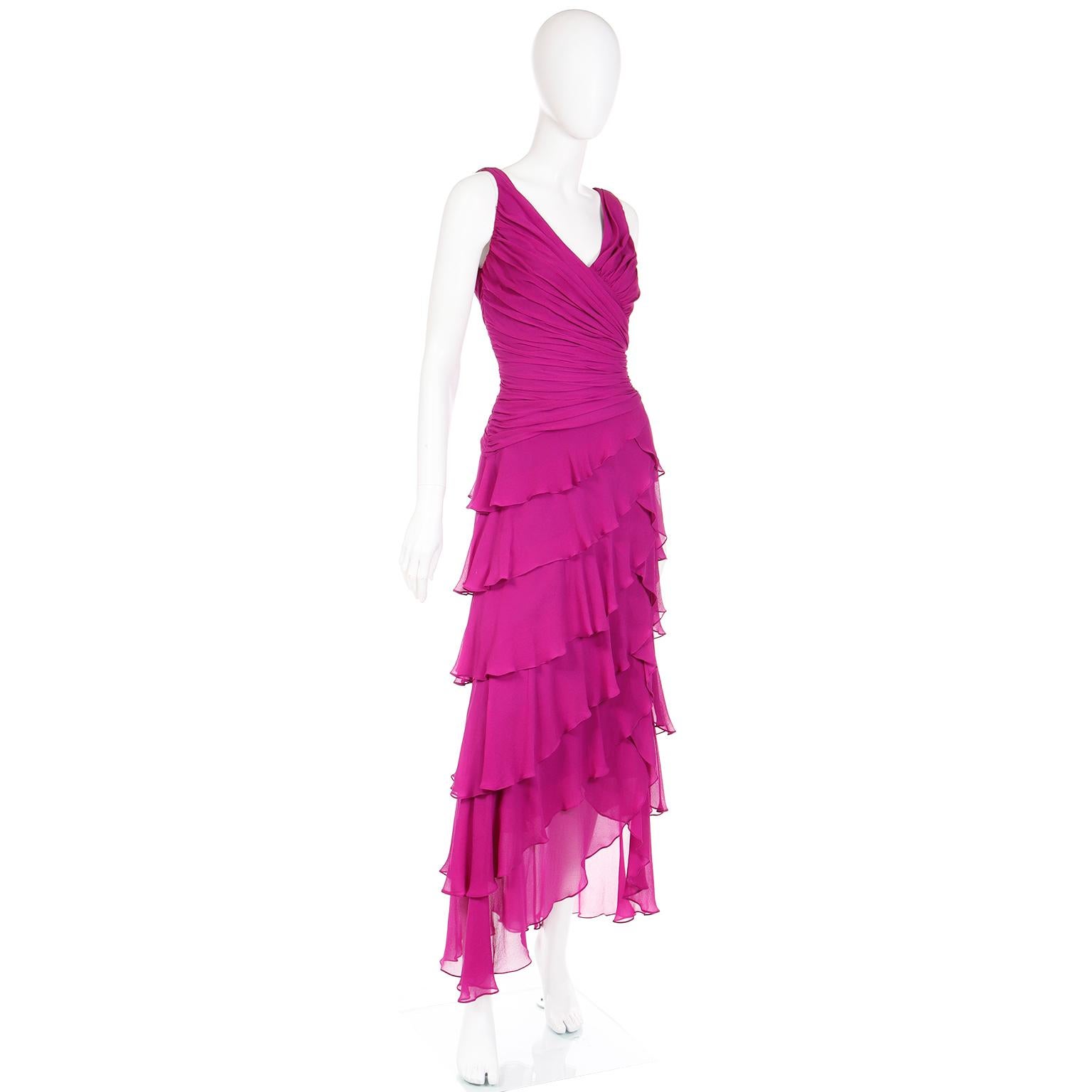Vintage Tadashi Shoji Purple Silk Ruffled Tiers Evening Dress In Excellent Condition In Portland, OR