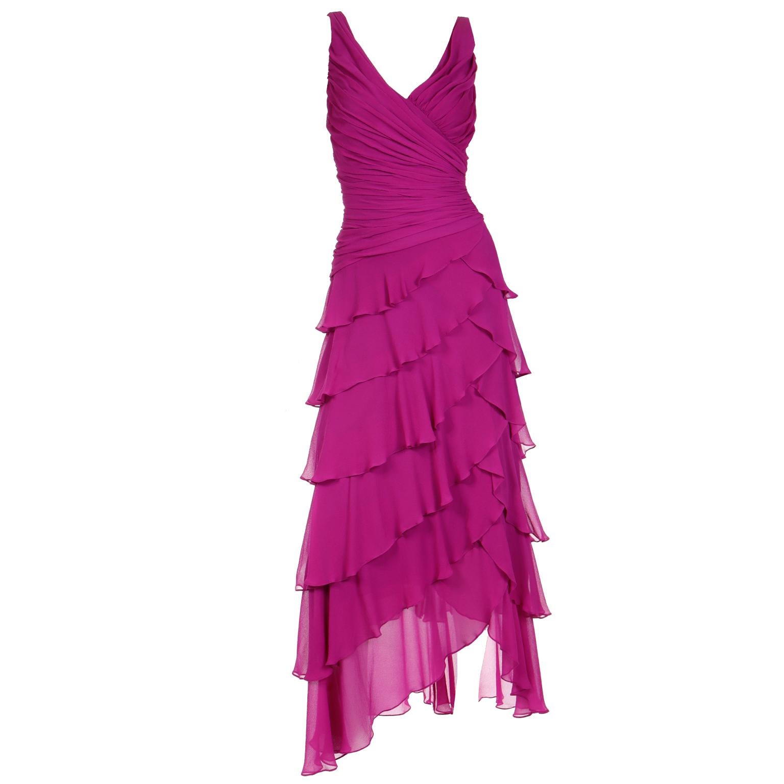 Vintage Tadashi Shoji Purple Silk Ruffled Tiers Evening Dress 4