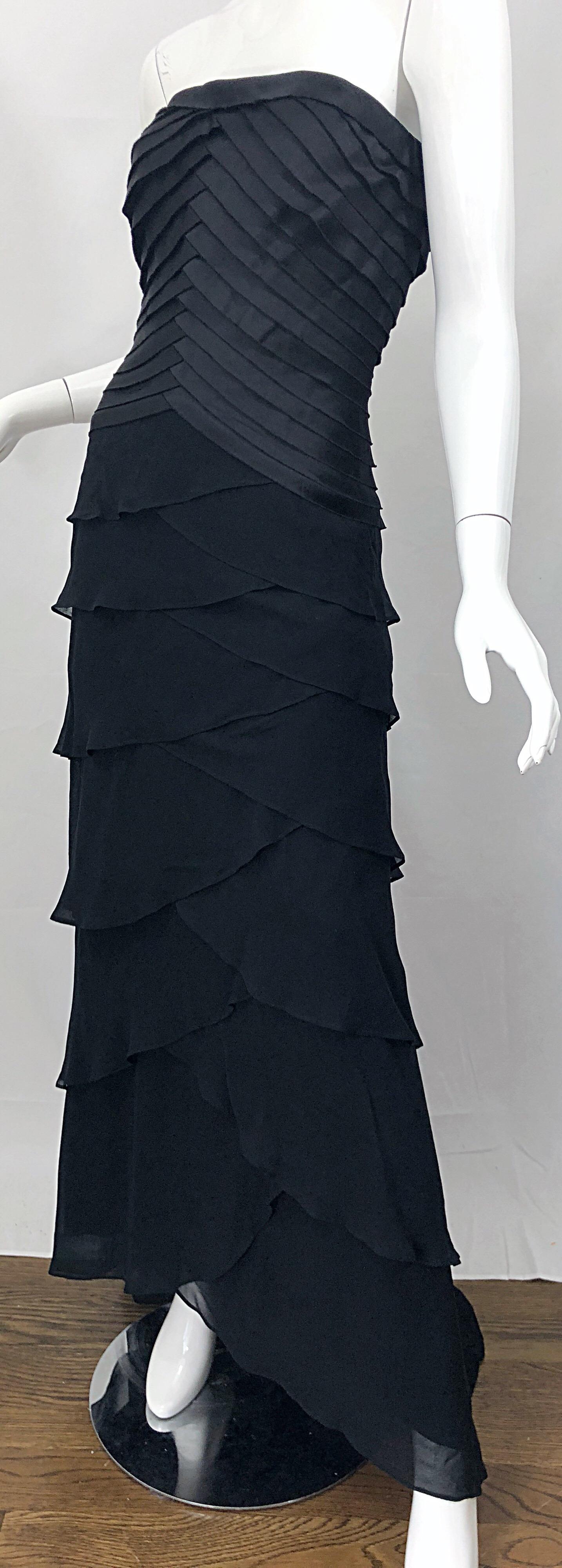 Vintage Tadashi Shoji Size 14 / 16 Black Silk Chiffon 1990s Strapless Gown Dress 6