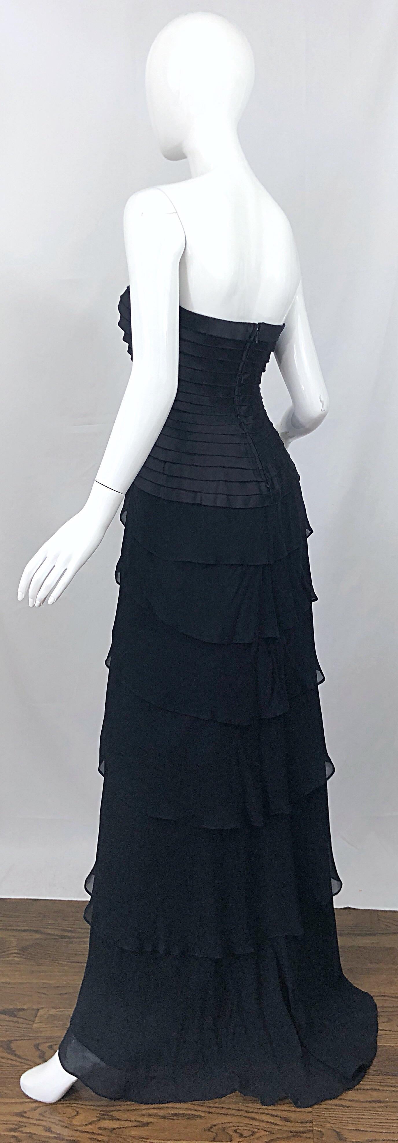 Vintage Tadashi Shoji Size 14 / 16 Black Silk Chiffon 1990s Strapless Gown Dress 7