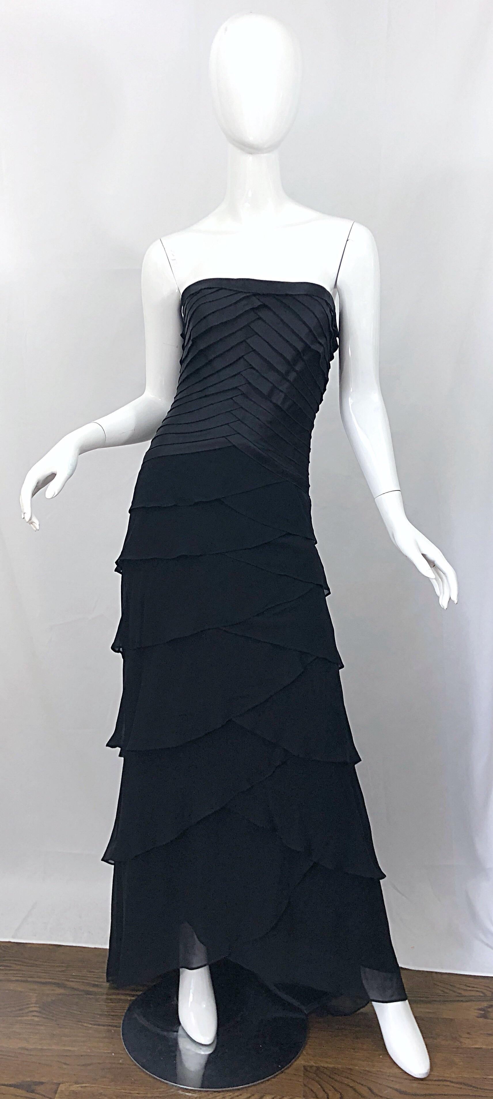 Vintage Tadashi Shoji Size 14 / 16 Black Silk Chiffon 1990s Strapless Gown Dress 8