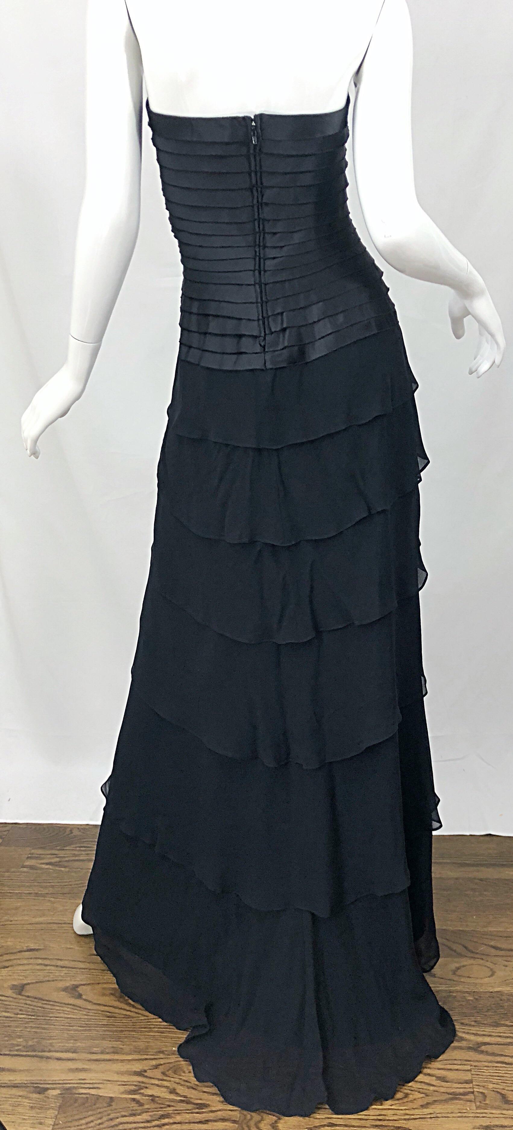 Women's Vintage Tadashi Shoji Size 14 / 16 Black Silk Chiffon 1990s Strapless Gown Dress