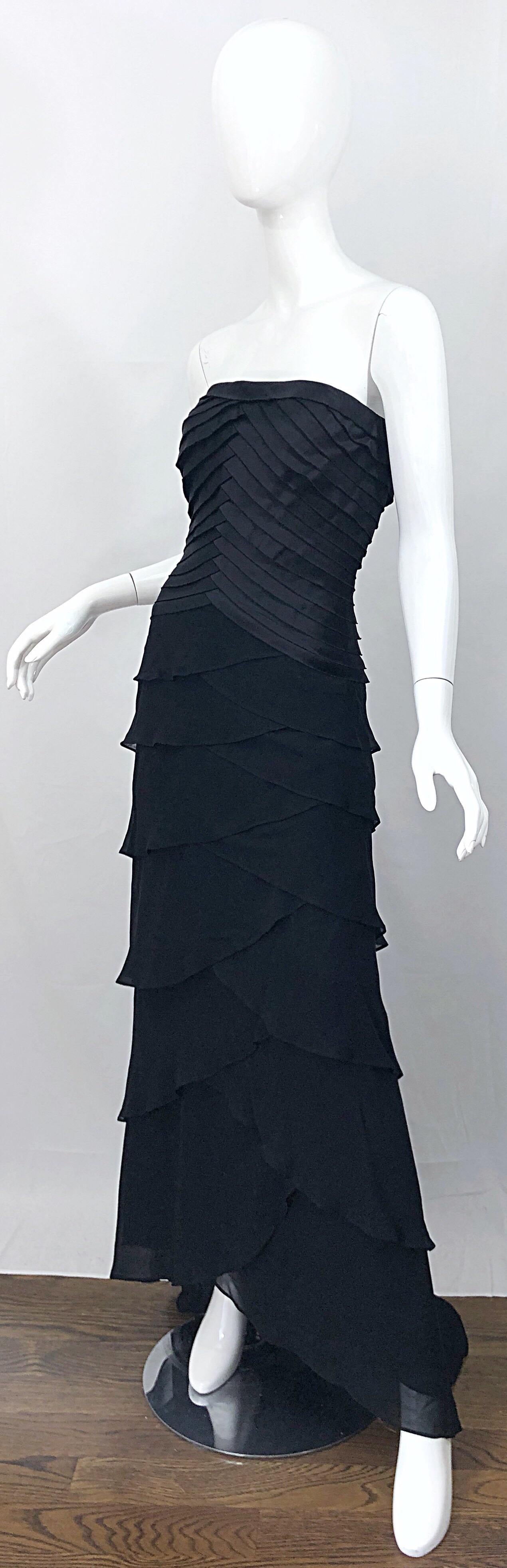 Vintage Tadashi Shoji Size 14 / 16 Black Silk Chiffon 1990s Strapless Gown Dress 1