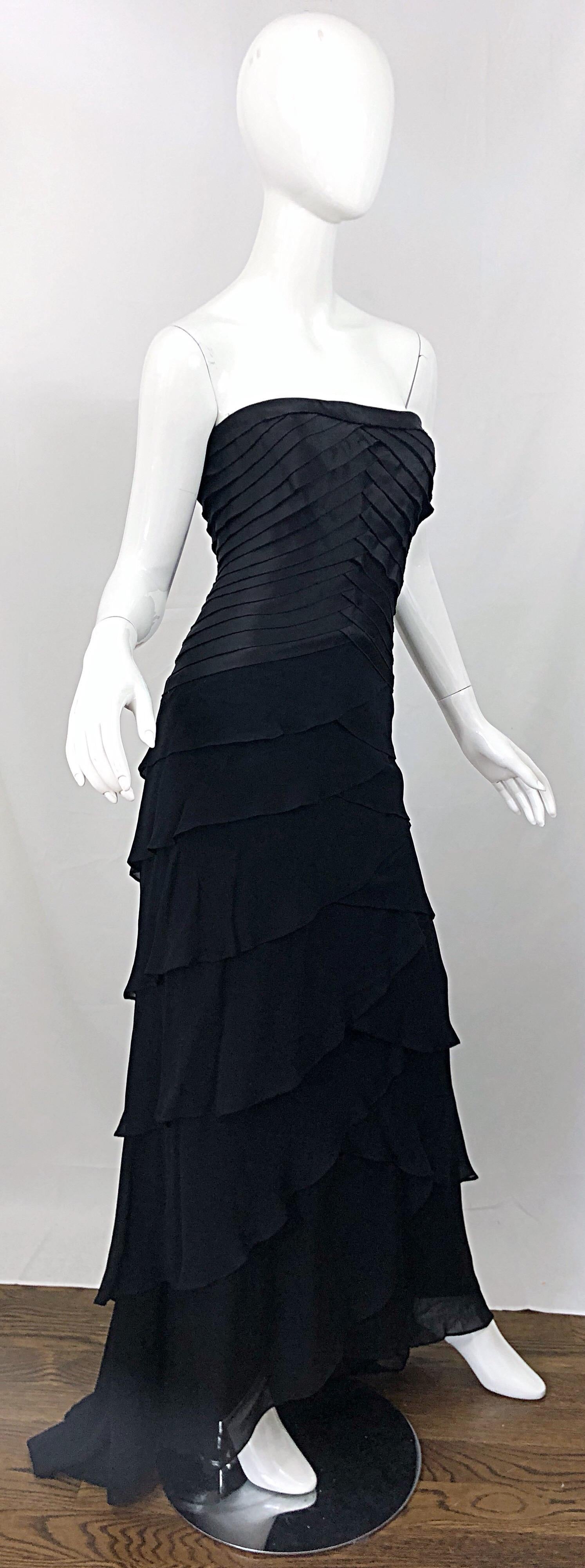 Vintage Tadashi Shoji Size 14 / 16 Black Silk Chiffon 1990s Strapless Gown Dress 2