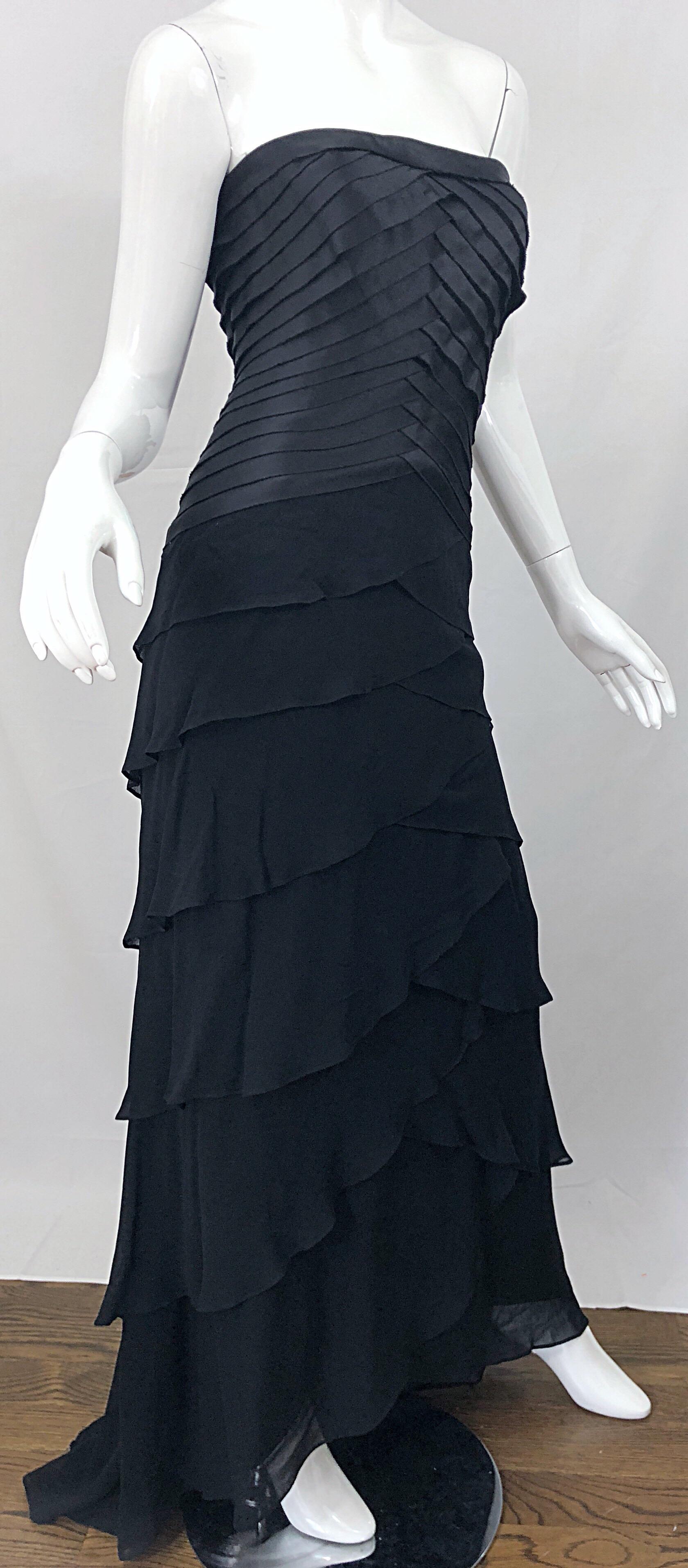 Vintage Tadashi Shoji Size 14 / 16 Black Silk Chiffon 1990s Strapless Gown Dress 4