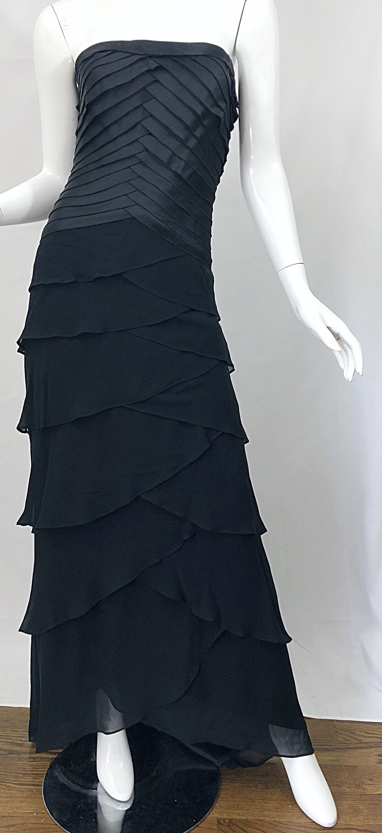 Vintage Tadashi Shoji Size 14 / 16 Black Silk Chiffon 1990s Strapless Gown Dress 5