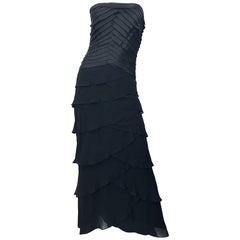 Retro Tadashi Shoji Size 14 / 16 Black Silk Chiffon 1990s Strapless Gown Dress