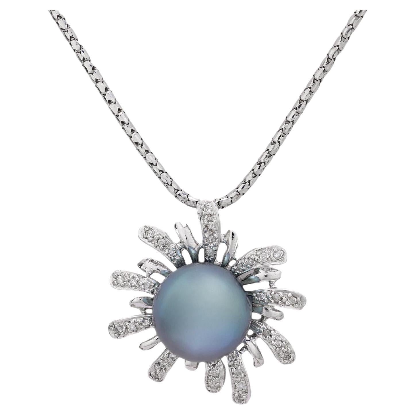 Vintage Tahitian black pearl diamond 14k white gold flower necklace