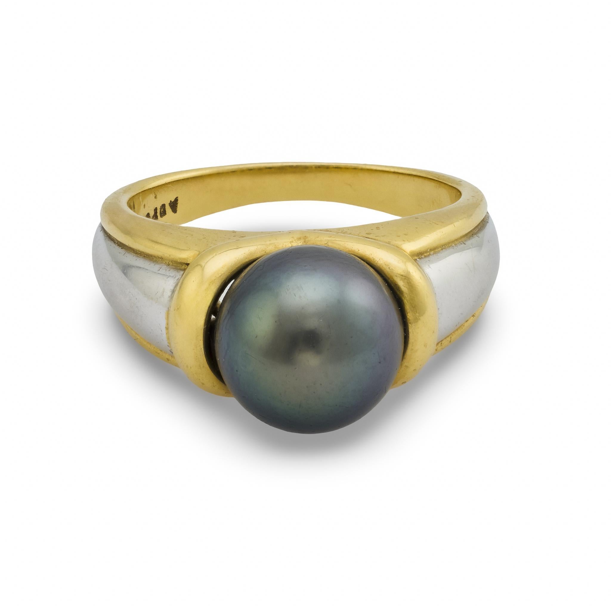 Contemporaneo Anello d'epoca con perla di Tahiti in oro giallo e bianco 14 ct. in vendita