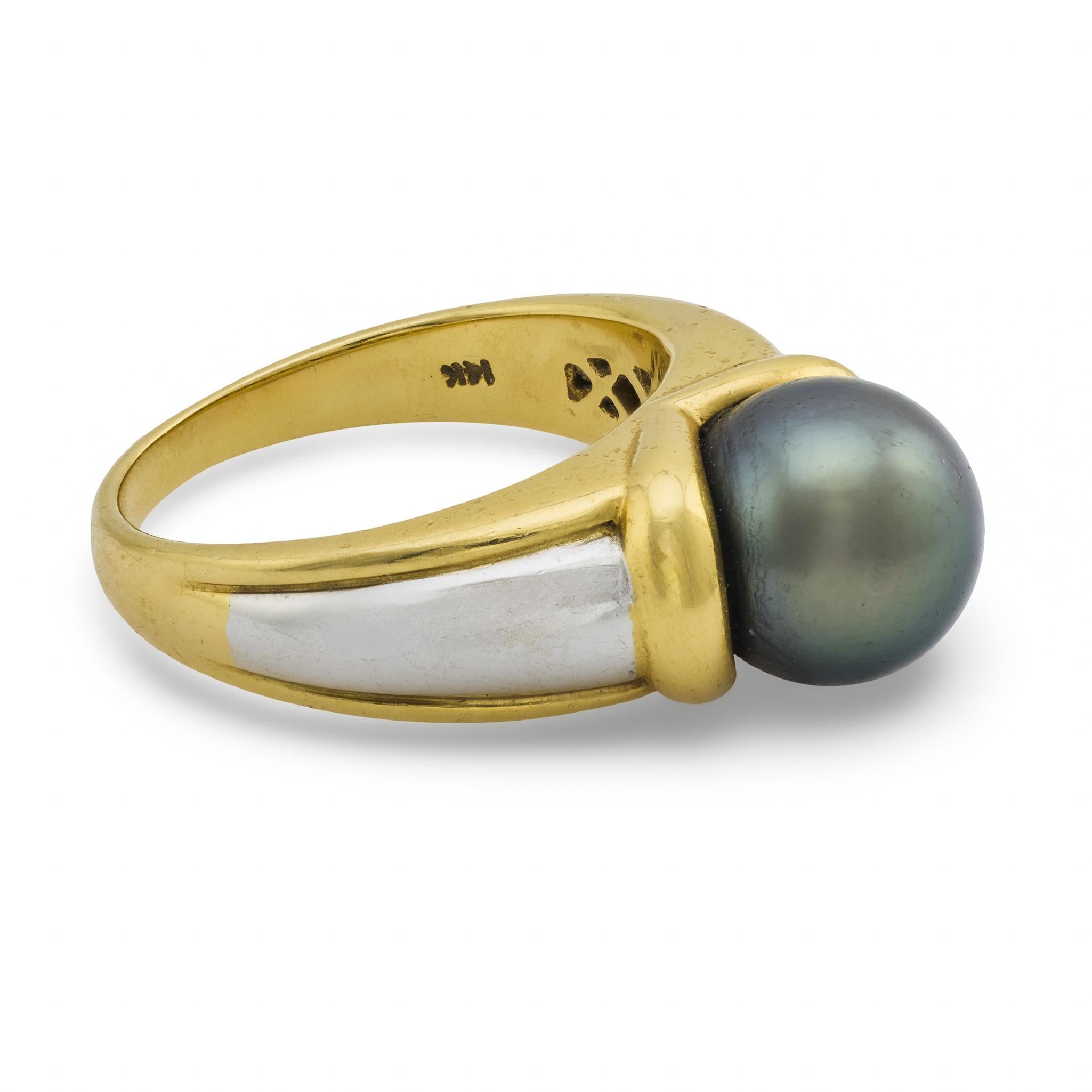 Anello d'epoca con perla di Tahiti in oro giallo e bianco 14 ct. In condizioni buone in vendita a Beverly Hills, CA