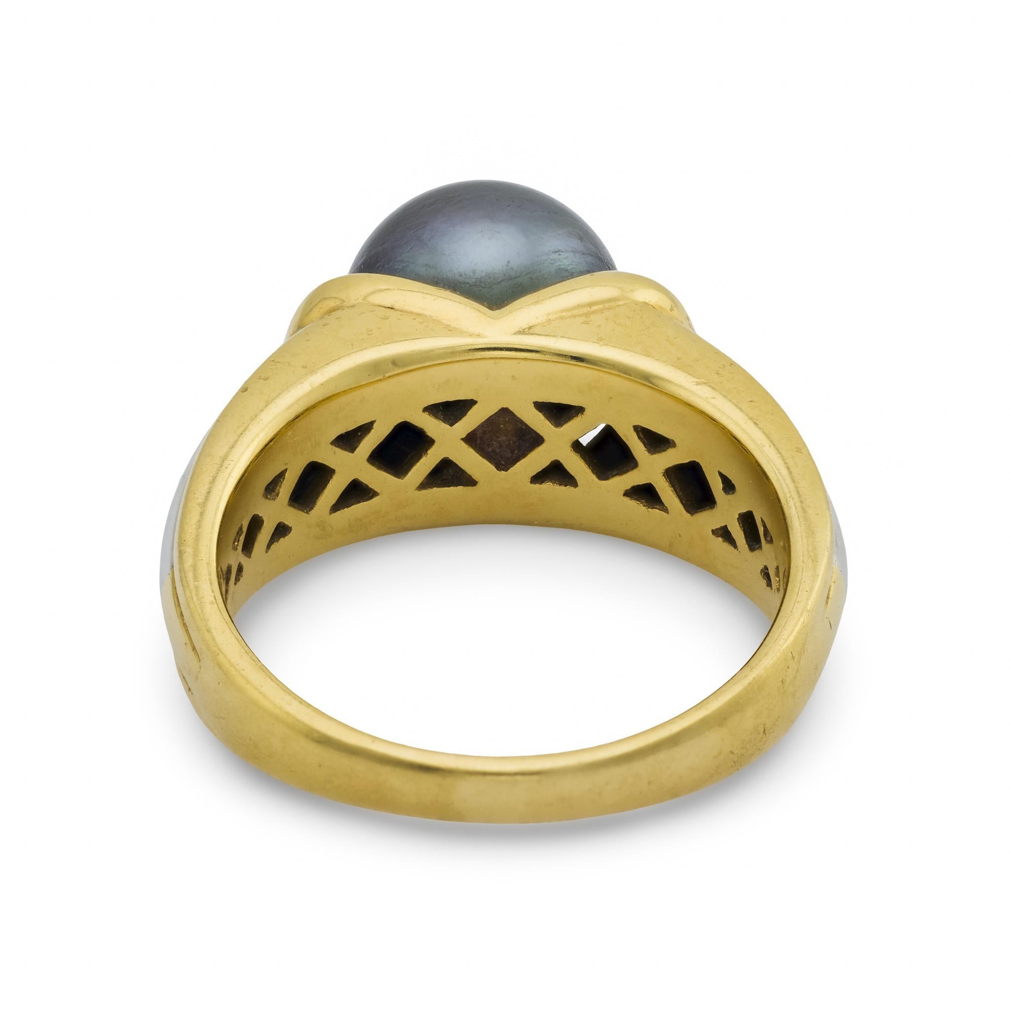 Anello d'epoca con perla di Tahiti in oro giallo e bianco 14 ct. in vendita 1