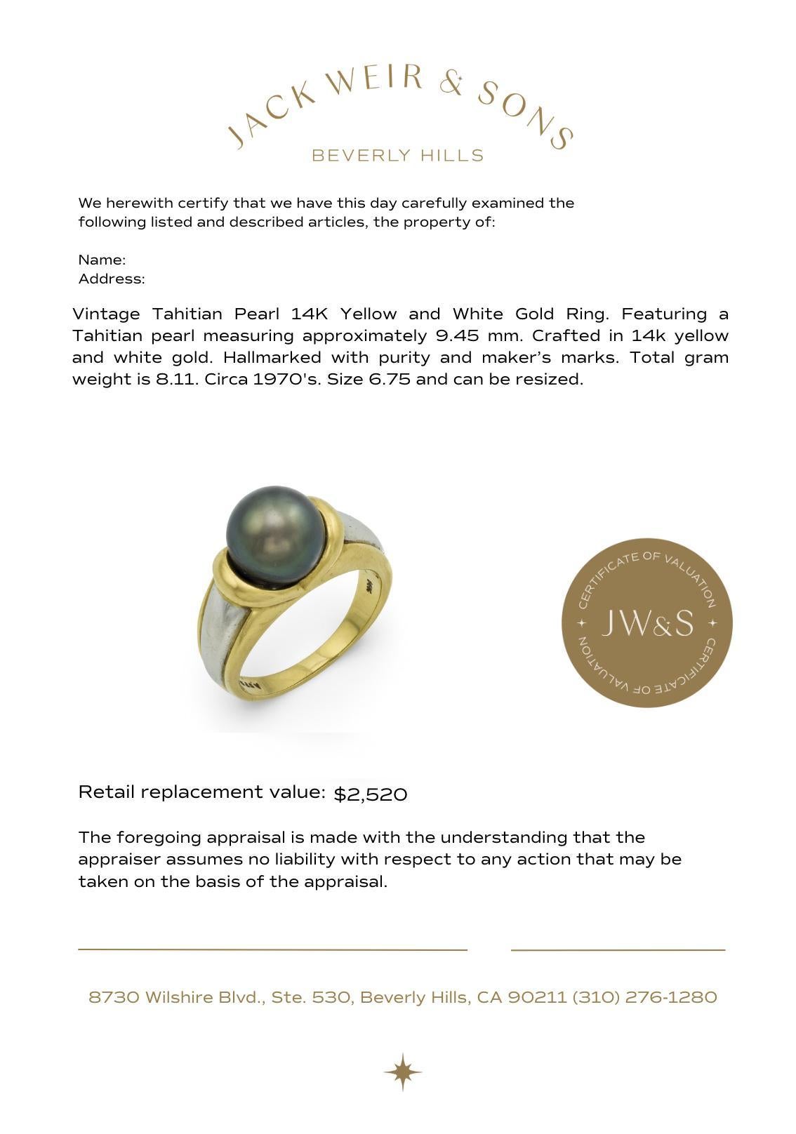 Anello d'epoca con perla di Tahiti in oro giallo e bianco 14 ct. in vendita 2