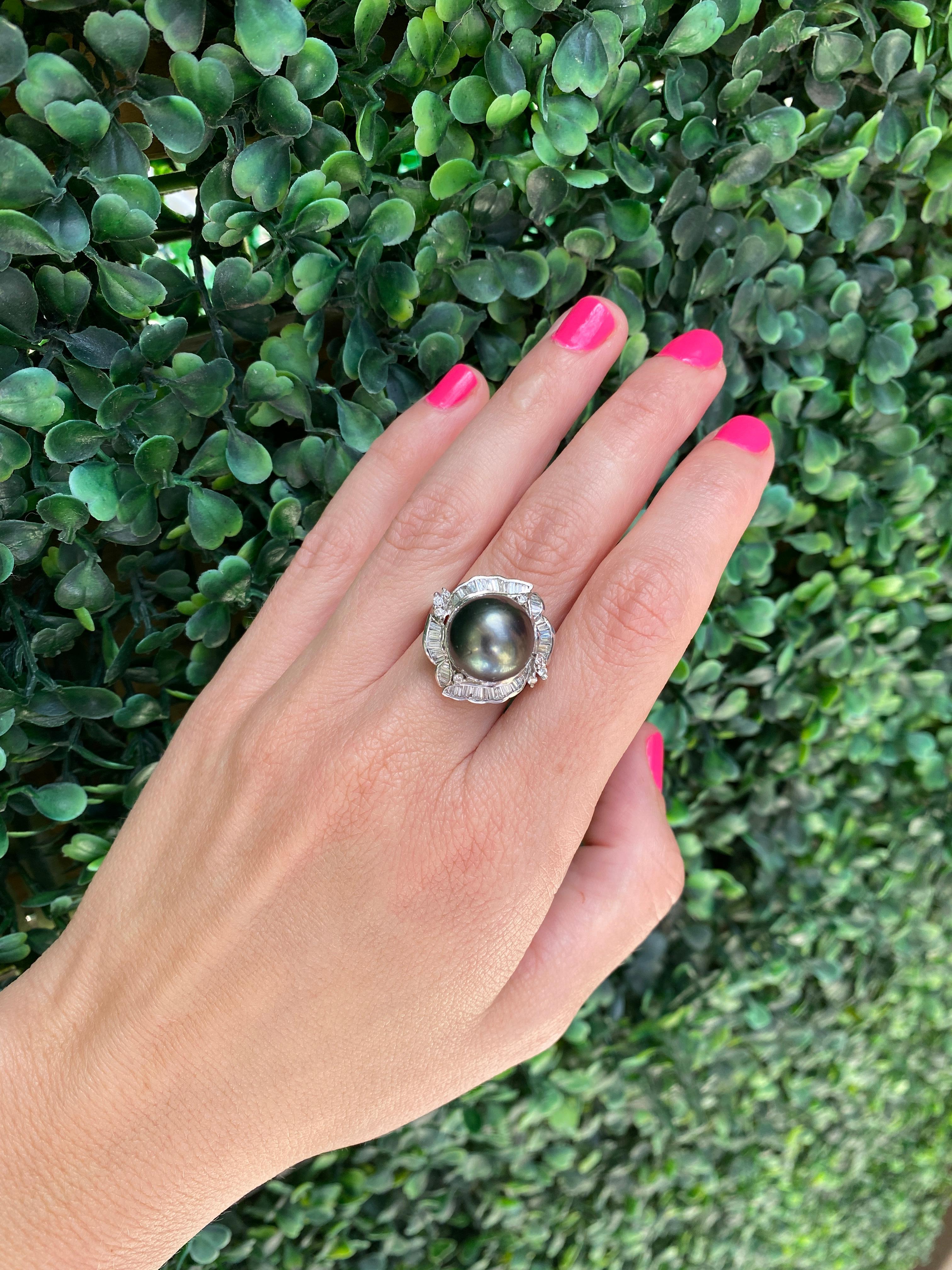 Weißgoldring mit Tahiti-Perle und 1,10 Karat rundem Diamant für Damen oder Herren
