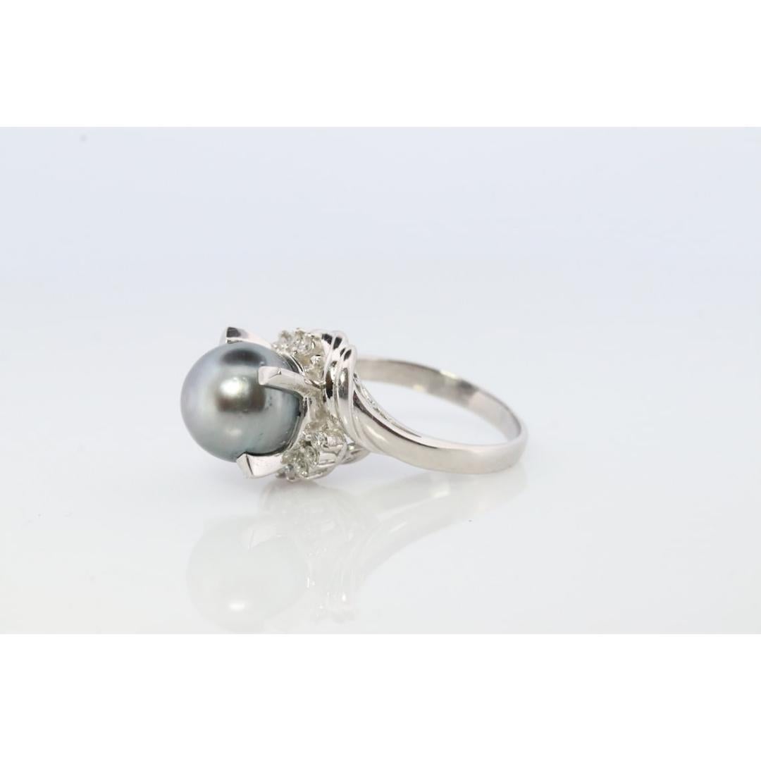 Bague solitaire vintage en perles de Tahiti et diamants. Platinum PT900 Large BLACK en vente 1