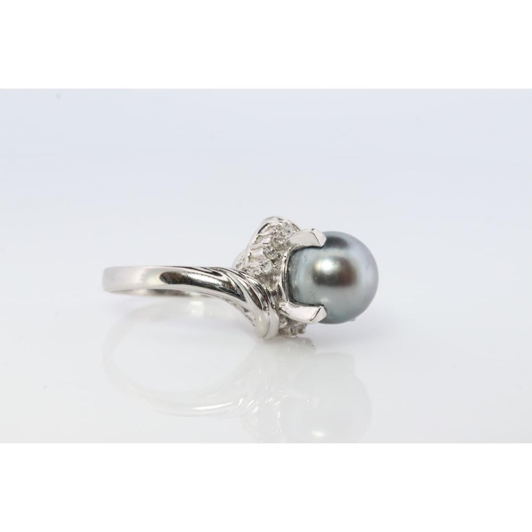 Bague solitaire vintage en perles de Tahiti et diamants. Platinum PT900 Large BLACK en vente 4