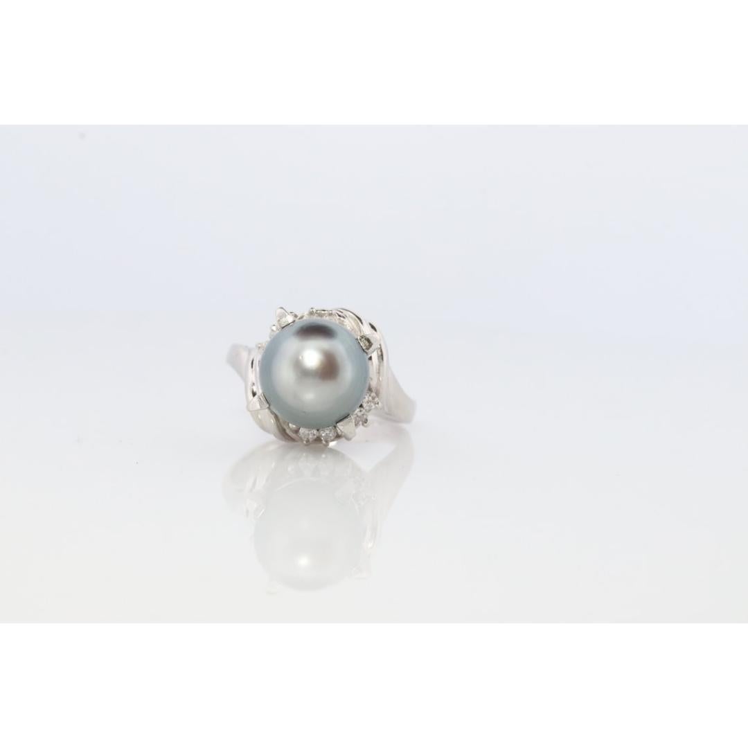 Bague solitaire vintage en perles de Tahiti et diamants. Platinum PT900 Large BLACK en vente 5