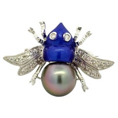 Vintage Tahitian Pearl Blue Enamel and Diamond Gold Bumble Bee Brooch Pendant