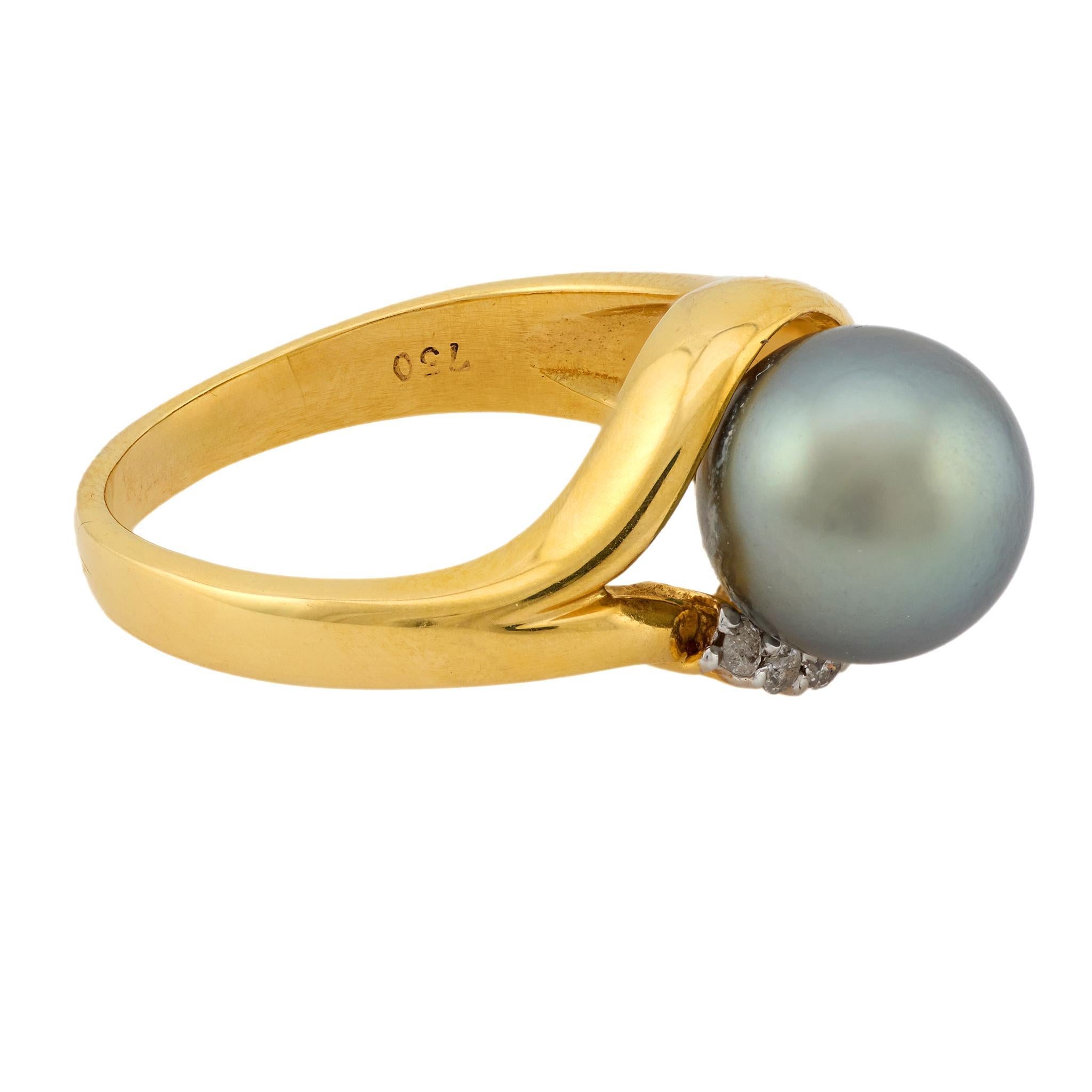 Moderne Bague de cocktail vintage perle de Tahiti diamant or jaune 18k en vente