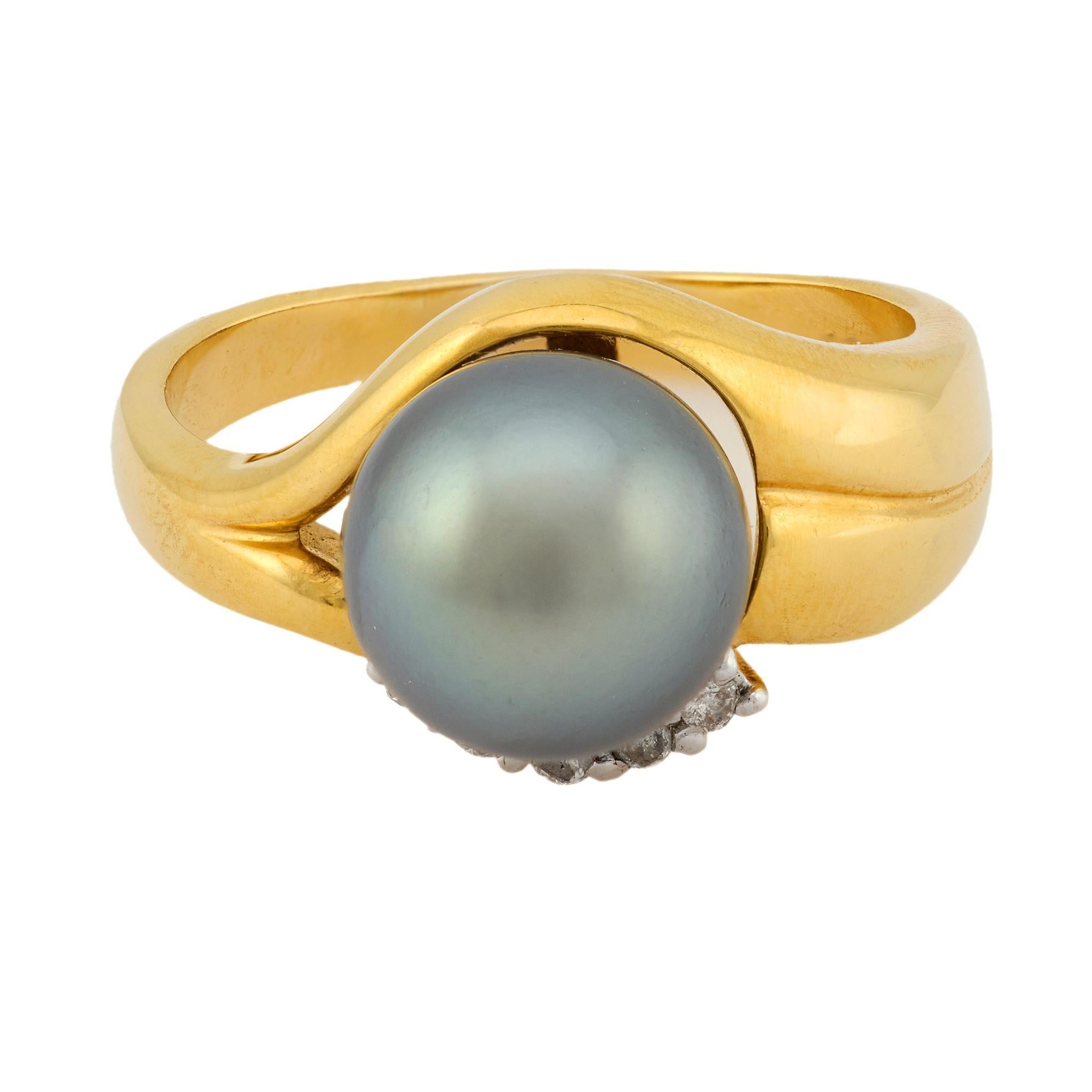 Taille ronde Bague de cocktail vintage perle de Tahiti diamant or jaune 18k en vente