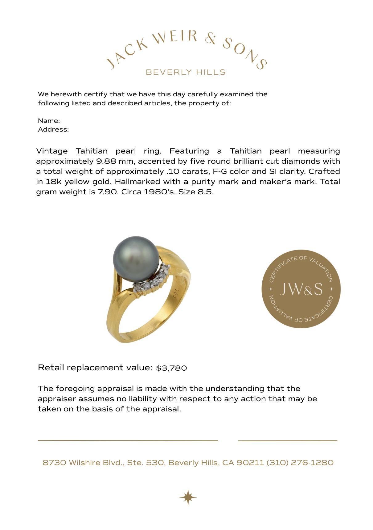 Bague de cocktail vintage perle de Tahiti diamant or jaune 18k Bon état - En vente à Beverly Hills, CA