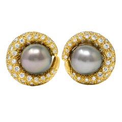 Vintage Tahitian South Sea Pearl 2.25 Carat Diamond 18 Karat Gold Earrings