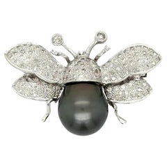 Antique Tahitian South Sea Pearl and Diamond Bumble Bee Gold Brooch Pin